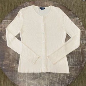Ann Taylor 100% Silk Ribbed Button-Up Cardigan, Cream, Medium